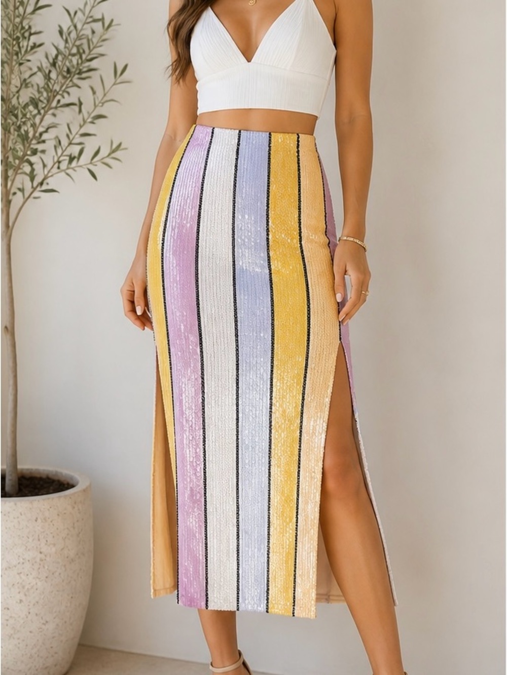 BLUE B COLLECTION Sz Large Multi Striped Sequin Pencil Skirt Pastel Party Glam